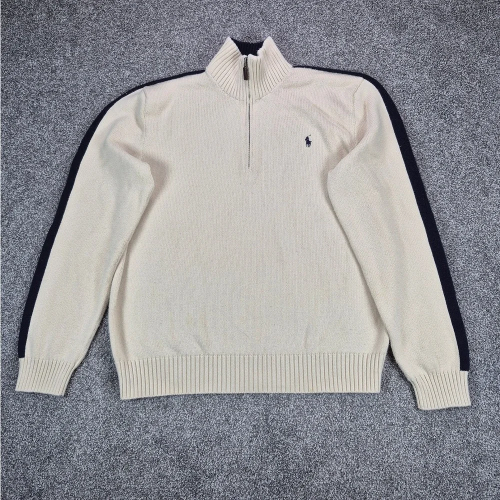Polo Ralph Lauren Sweater Mens Large Cream Navy Stripe 1/4 Zip Cotton Knit